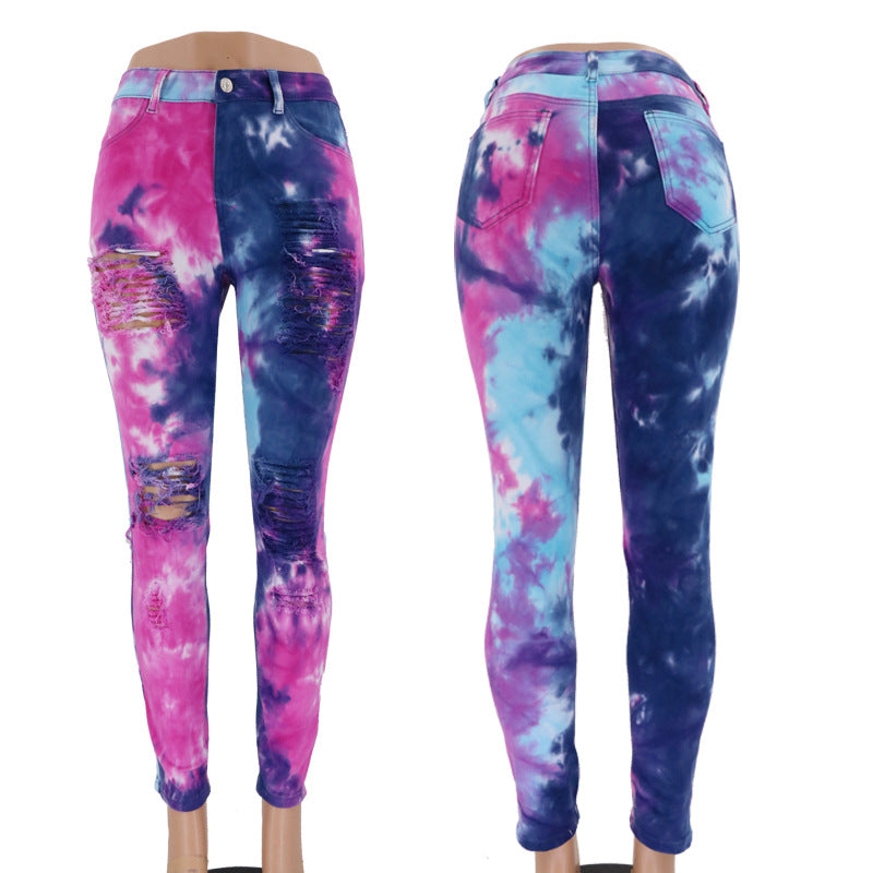 Autumn European and American style street trendsetters tie dye denim high waisted women's jeans