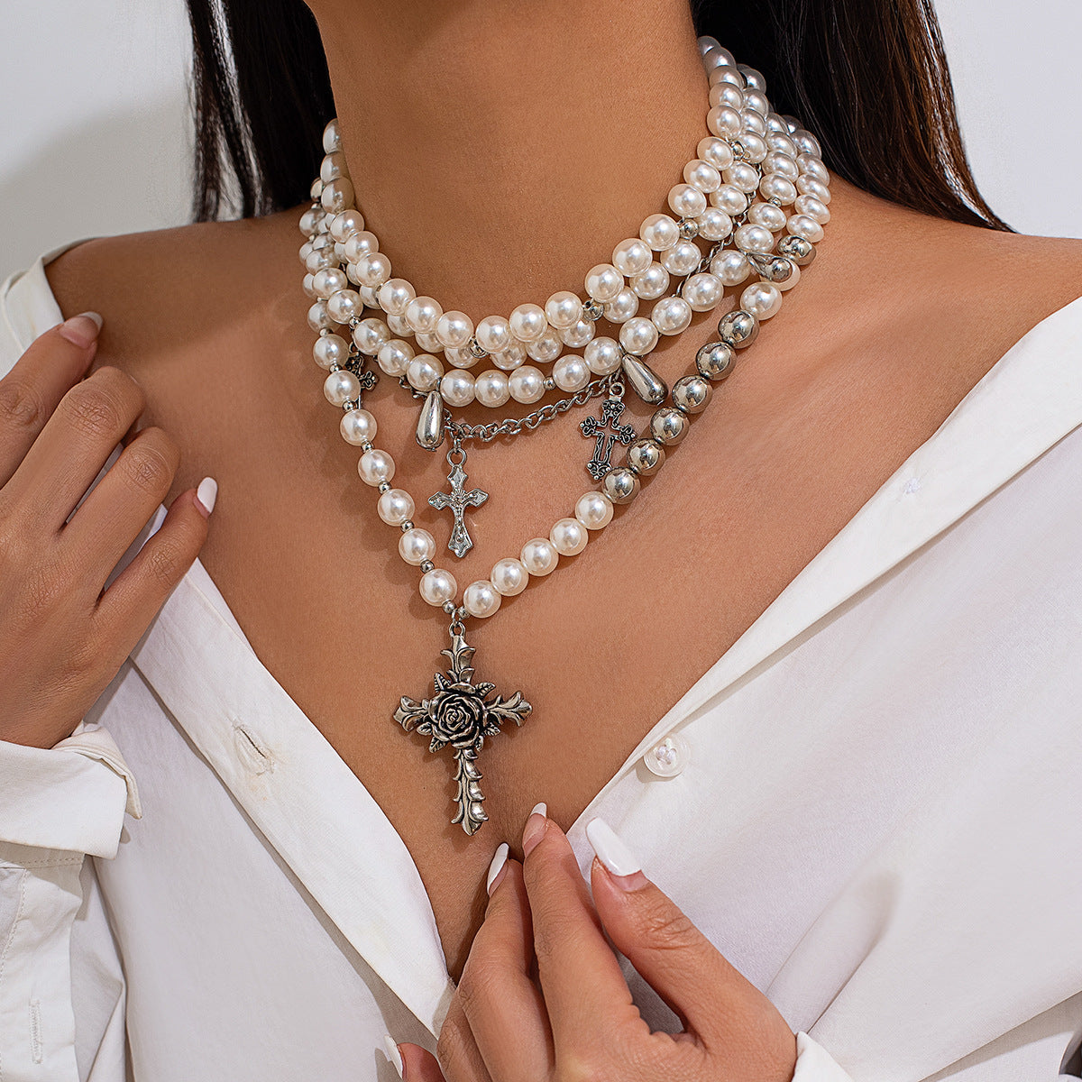 Vintage Baroque Chocker Clavicle Chain Irregular Pearl Multi Layer Round Bead Necklace