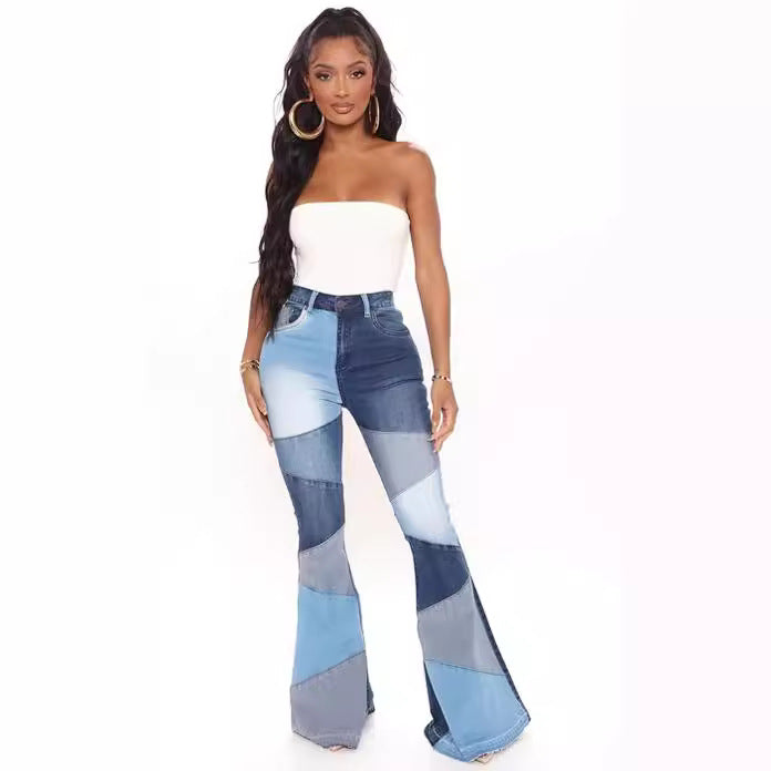 Autumn European and American women's clothing plus size elastic denim wide leg fashionable patchwork jeans for women