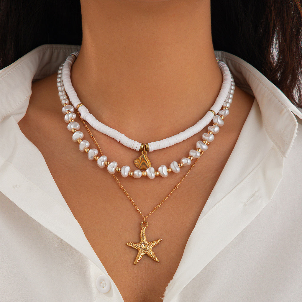 Beach style ocean shell bead necklace Baroque imitation pearl starfish collarbone chain