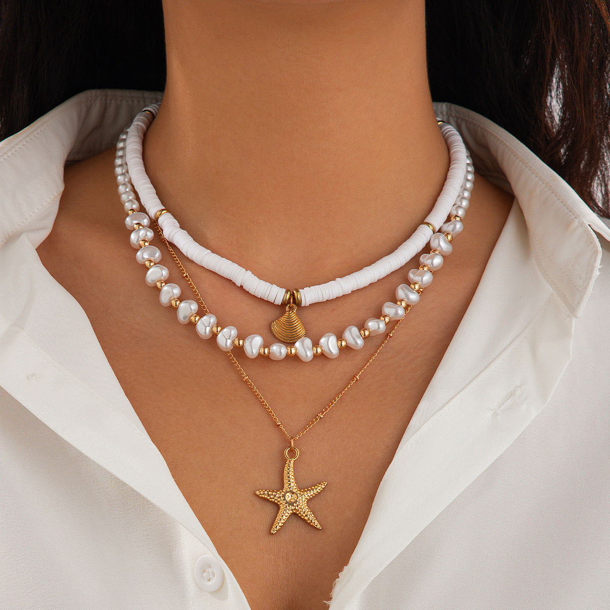 Beach style ocean shell bead necklace Baroque imitation pearl starfish collarbone chain