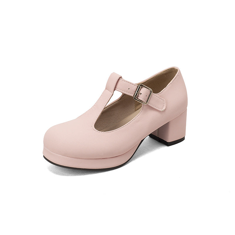 Waterproof platform thick heel T-shaped candy colored women's single shoes