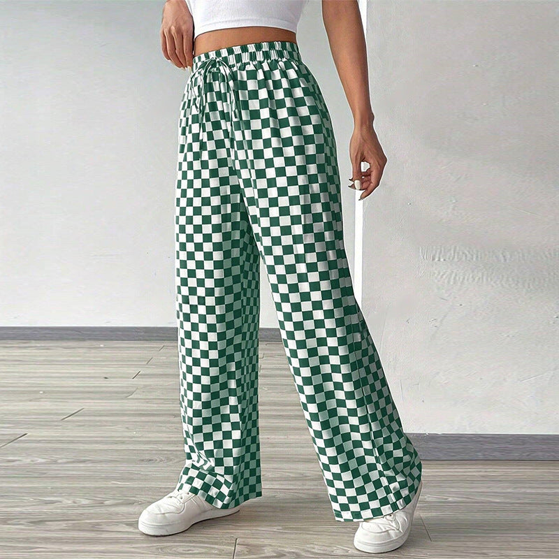 Spring and summer new checkerboard straight leg wide leg pants for women