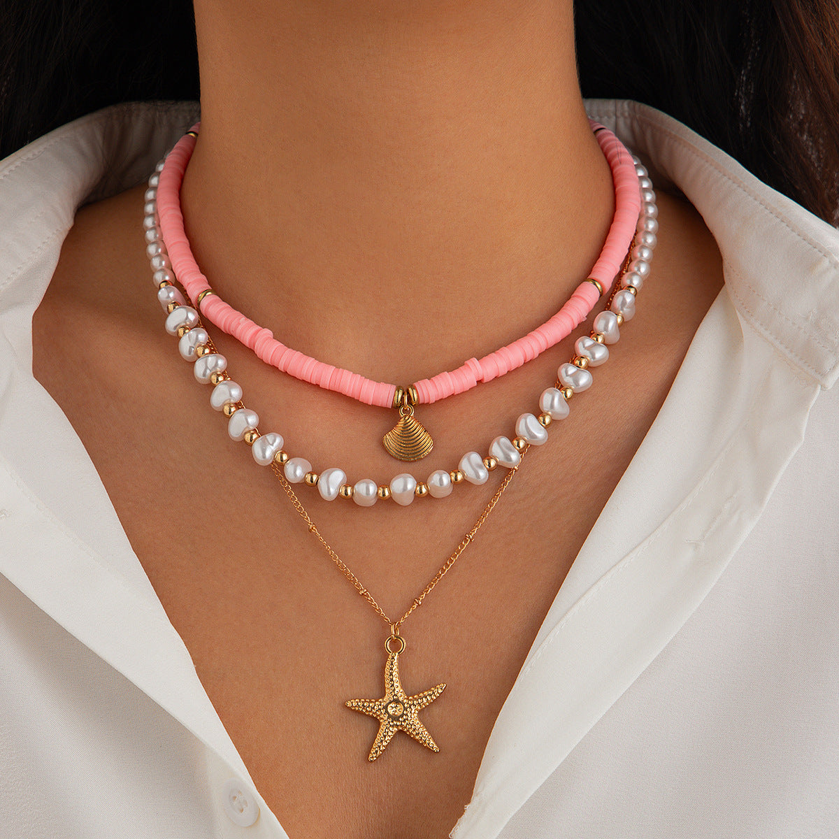 Beach style ocean shell bead necklace Baroque imitation pearl starfish collarbone chain