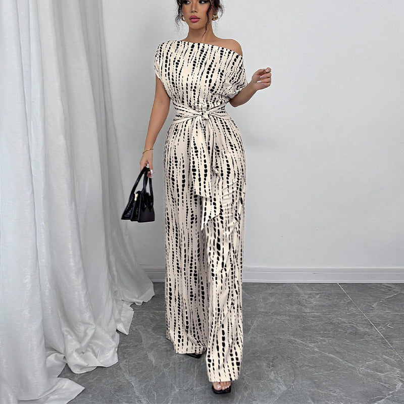 Vacation style sloping shoulder strap jumpsuit wide leg pants