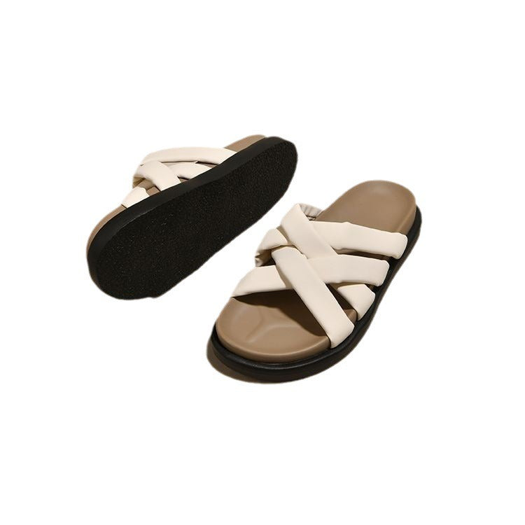 Roman Slippers for Women with Summer Thick Soles and a White Sandal with Elevated Retro Casual Cross Straps Paired with a Skirt