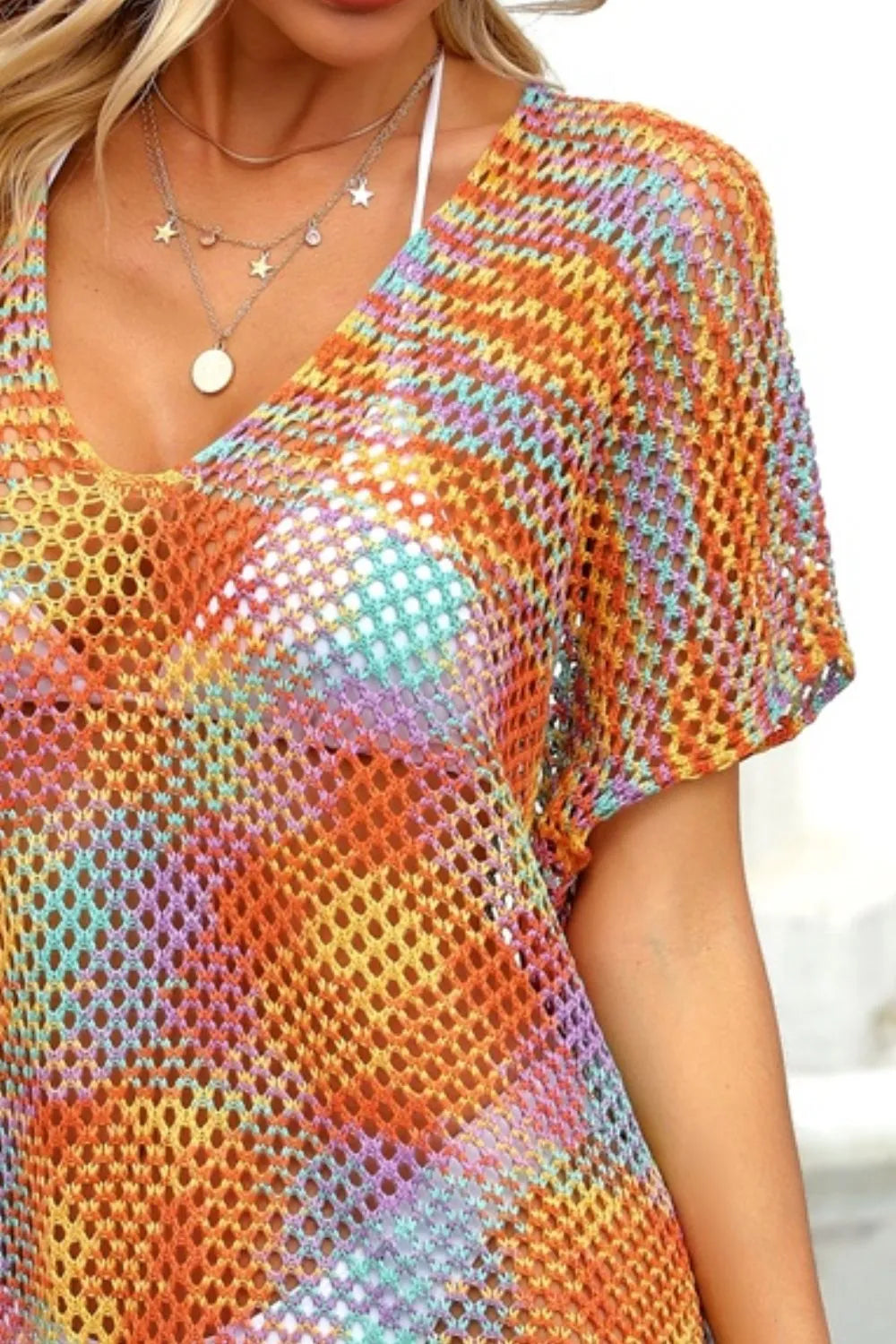 Summer Rainbow Splicing Hollow Loose Bikini Beach Shirt Knitted Shirt