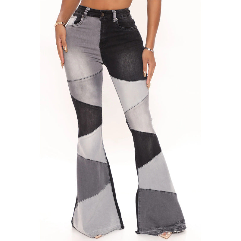 Autumn European and American women's clothing plus size elastic denim wide leg fashionable patchwork jeans for women