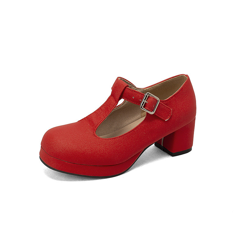 Waterproof platform thick heel T-shaped candy colored women's single shoes