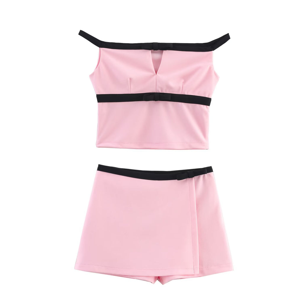 Bow decoration suspender top+shorts set for women