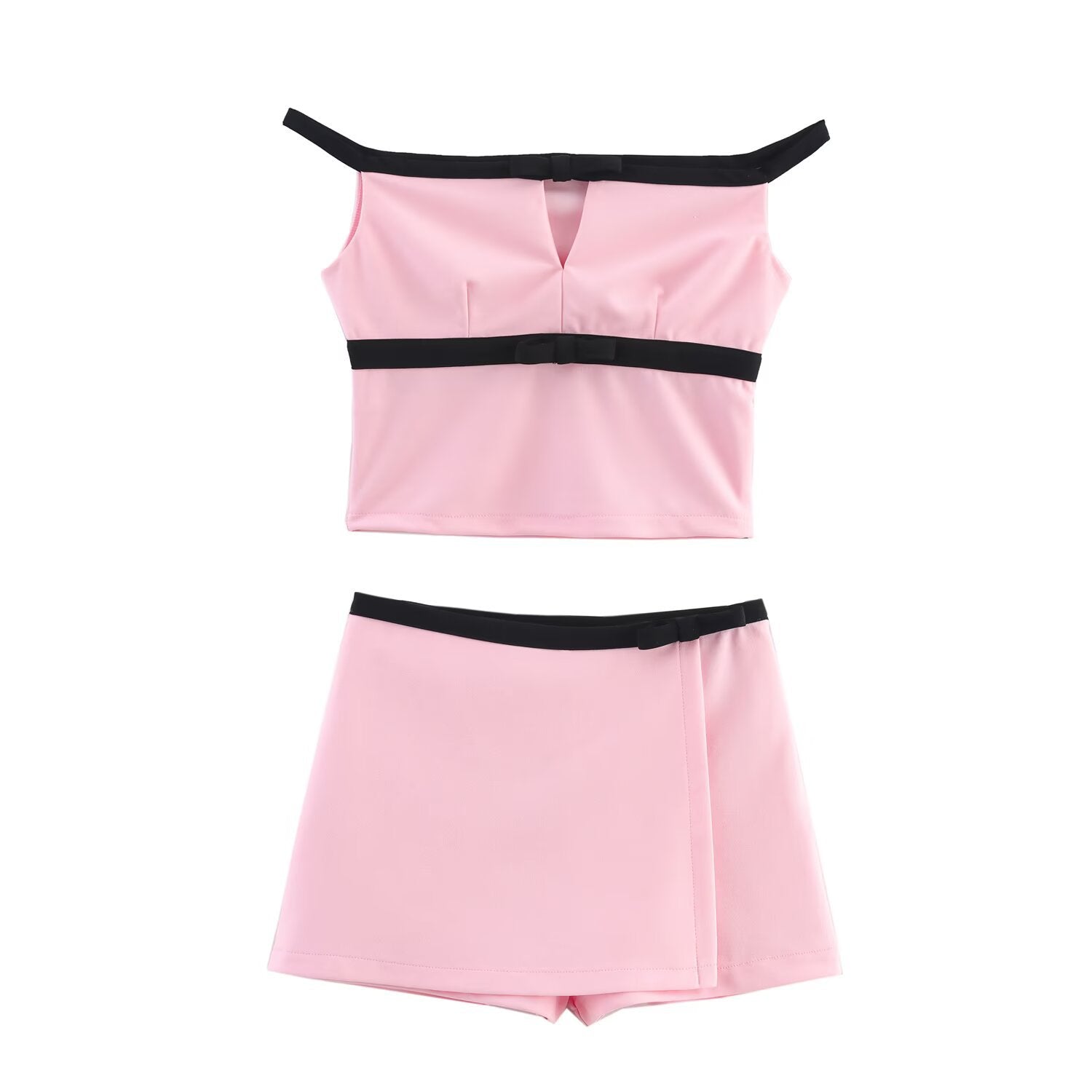 Bow decoration suspender top+shorts set for women