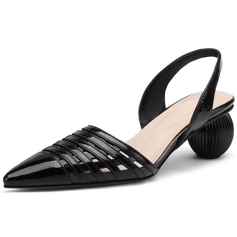 Pointed hollow cowhide sandals for women with a ball shaped heel and a button up sandal