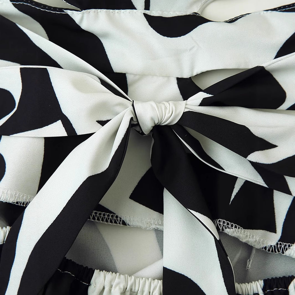 Damenkleid im europäischen und amerikanischen Stil mit ausgehöhlter Taille und bedruckter Schnürung