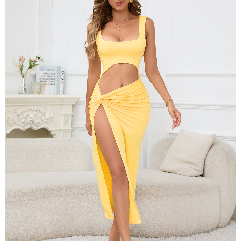 European and American Women's Long Dress New Arrival Strapless Solid Color Hollow Out Navel-baring Sexy Dress