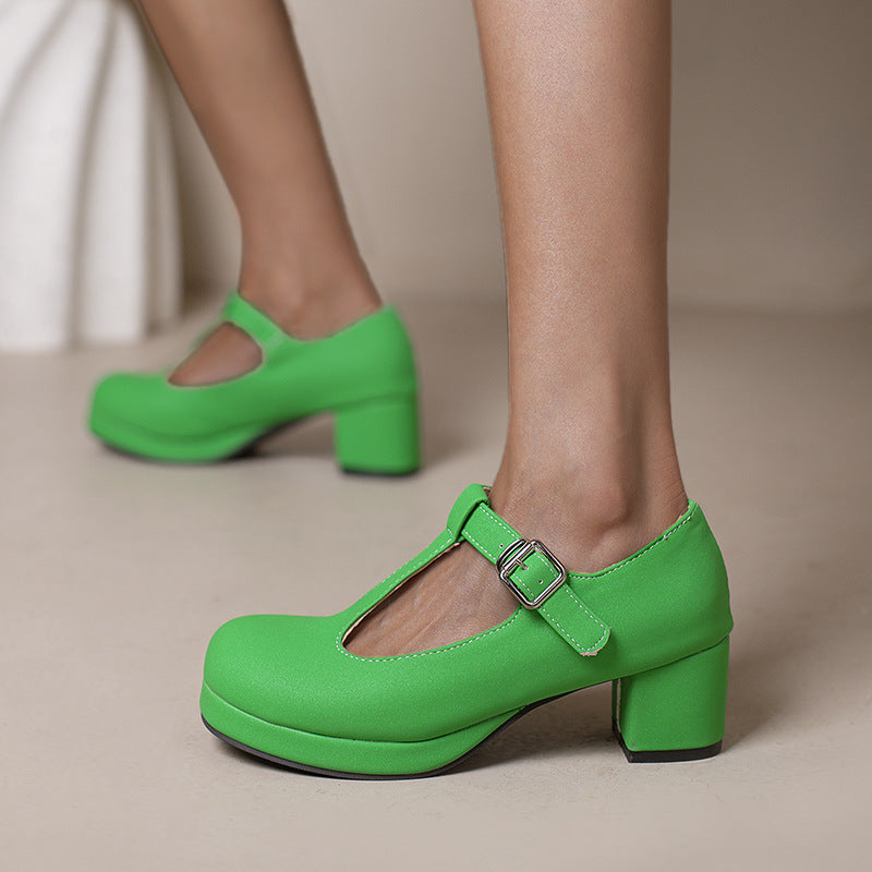 Waterproof platform thick heel T-shaped candy colored women's single shoes