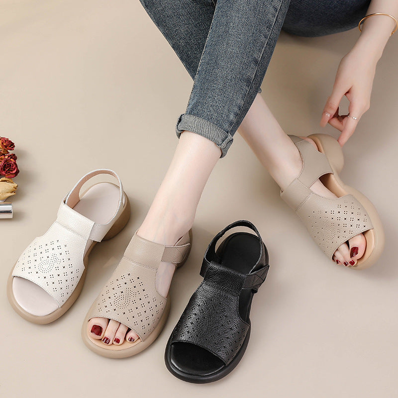 Top-Grain Leather Thick Sole Casual Sandals for Summer New Arrival Comfortable Soft Sole Breathable and Versatile Genuine Leather Mom Shoes