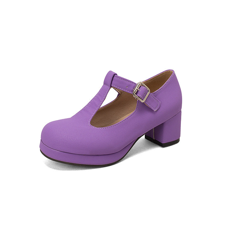 Waterproof platform thick heel T-shaped candy colored women's single shoes