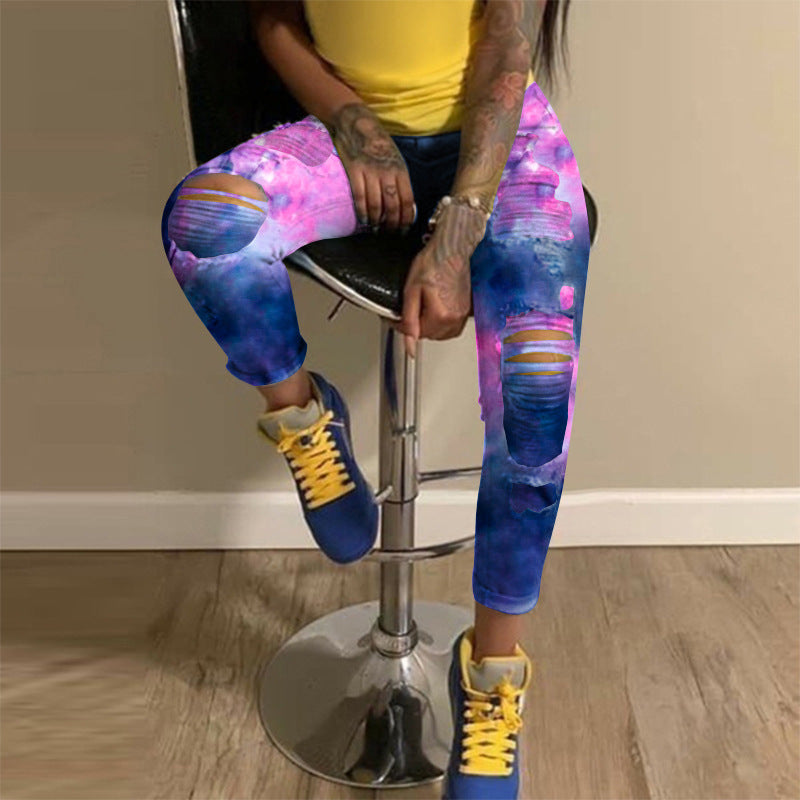 Autumn European and American style street trendsetters tie dye denim high waisted women's jeans