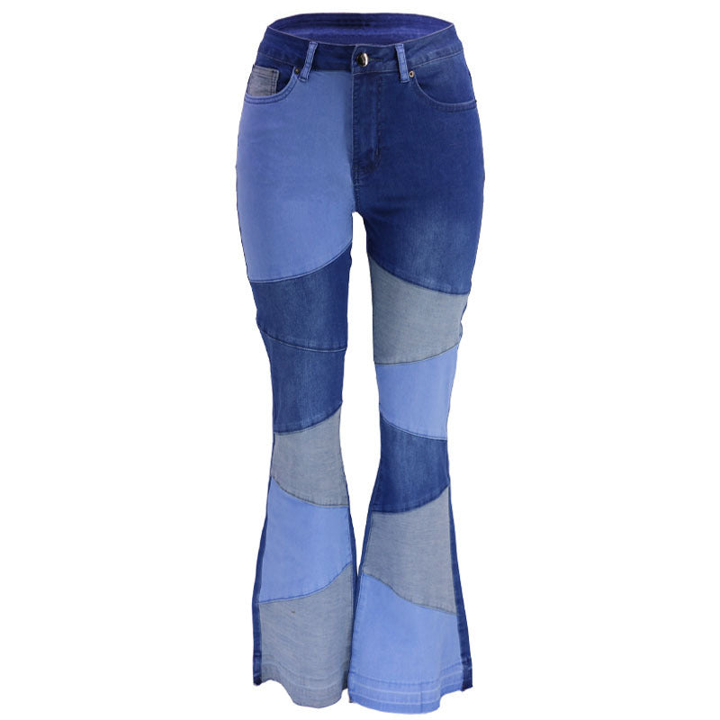 Autumn European and American women's clothing plus size elastic denim wide leg fashionable patchwork jeans for women