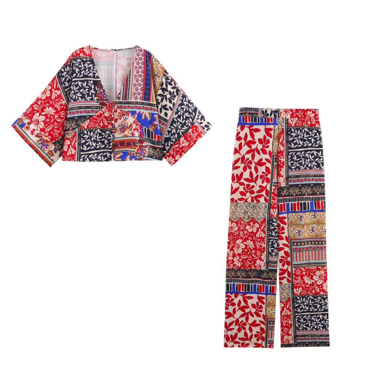Fashionable loose patchwork printed shirt+pants set for women