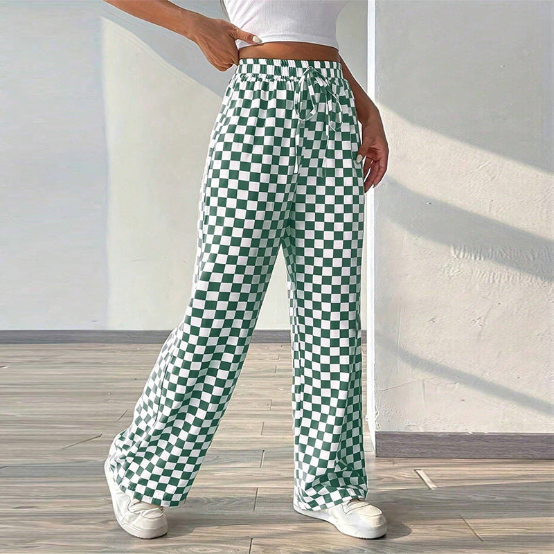 Spring and summer new checkerboard straight leg wide leg pants for women