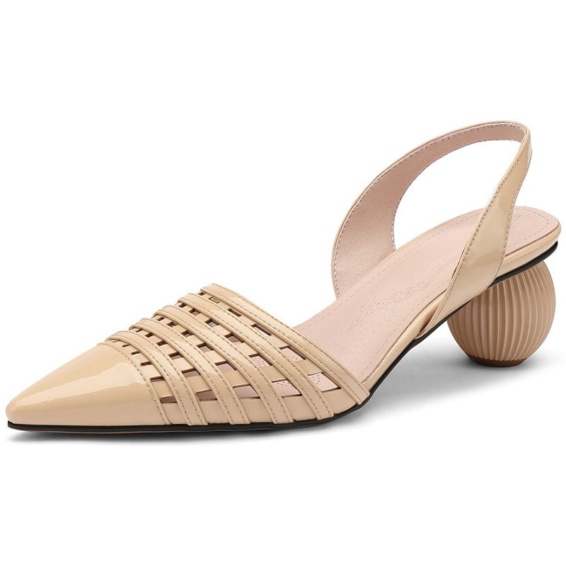 Pointed hollow cowhide sandals for women with a ball shaped heel and a button up sandal