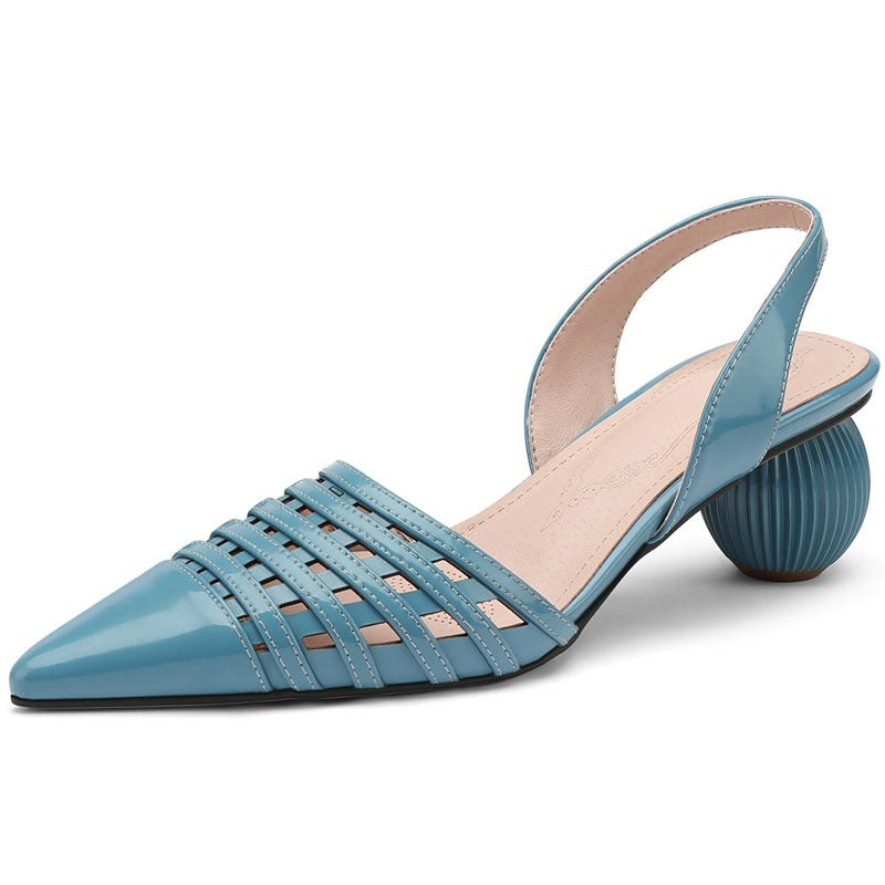 Pointed hollow cowhide sandals for women with a ball shaped heel and a button up sandal