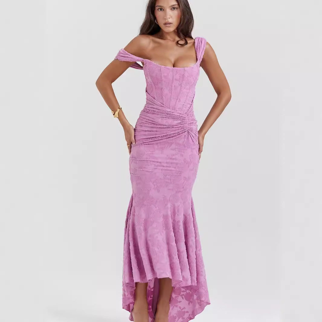 Square neck elastic mesh jacquard pleated sleeveless fishtail suspender long skirt