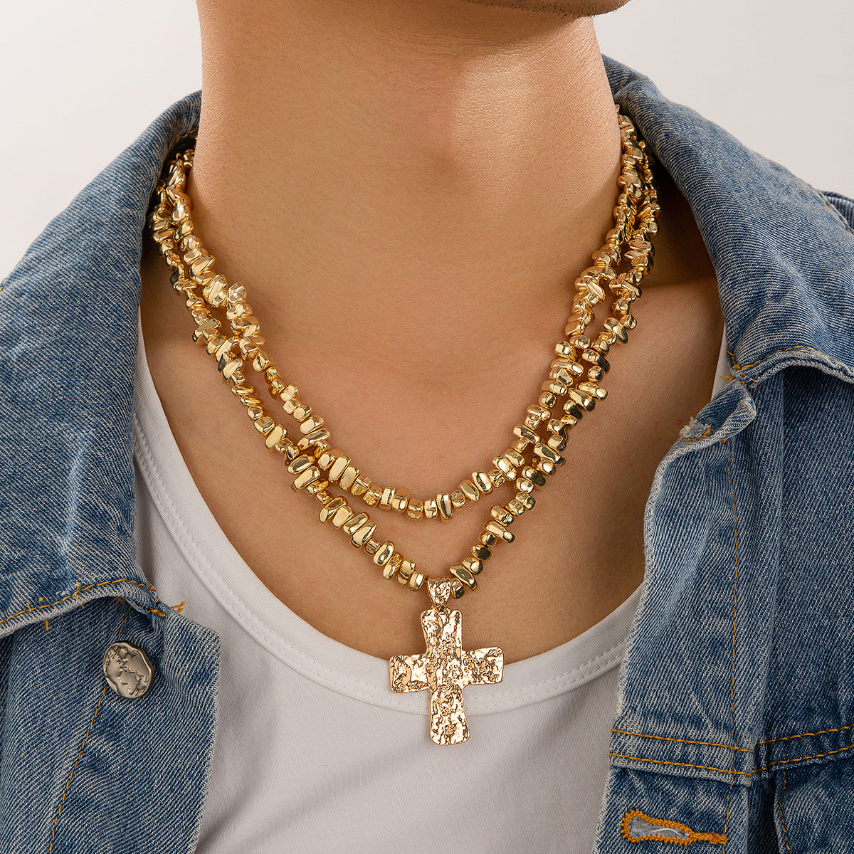 European and American hip-hop niche alien bead necklace, men's fashion cross pendant, collarbone chain, men's accessories