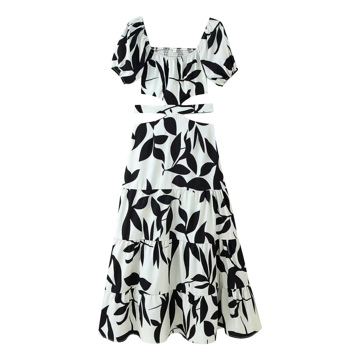 Women's European and American style waist hollow lace up printed dress