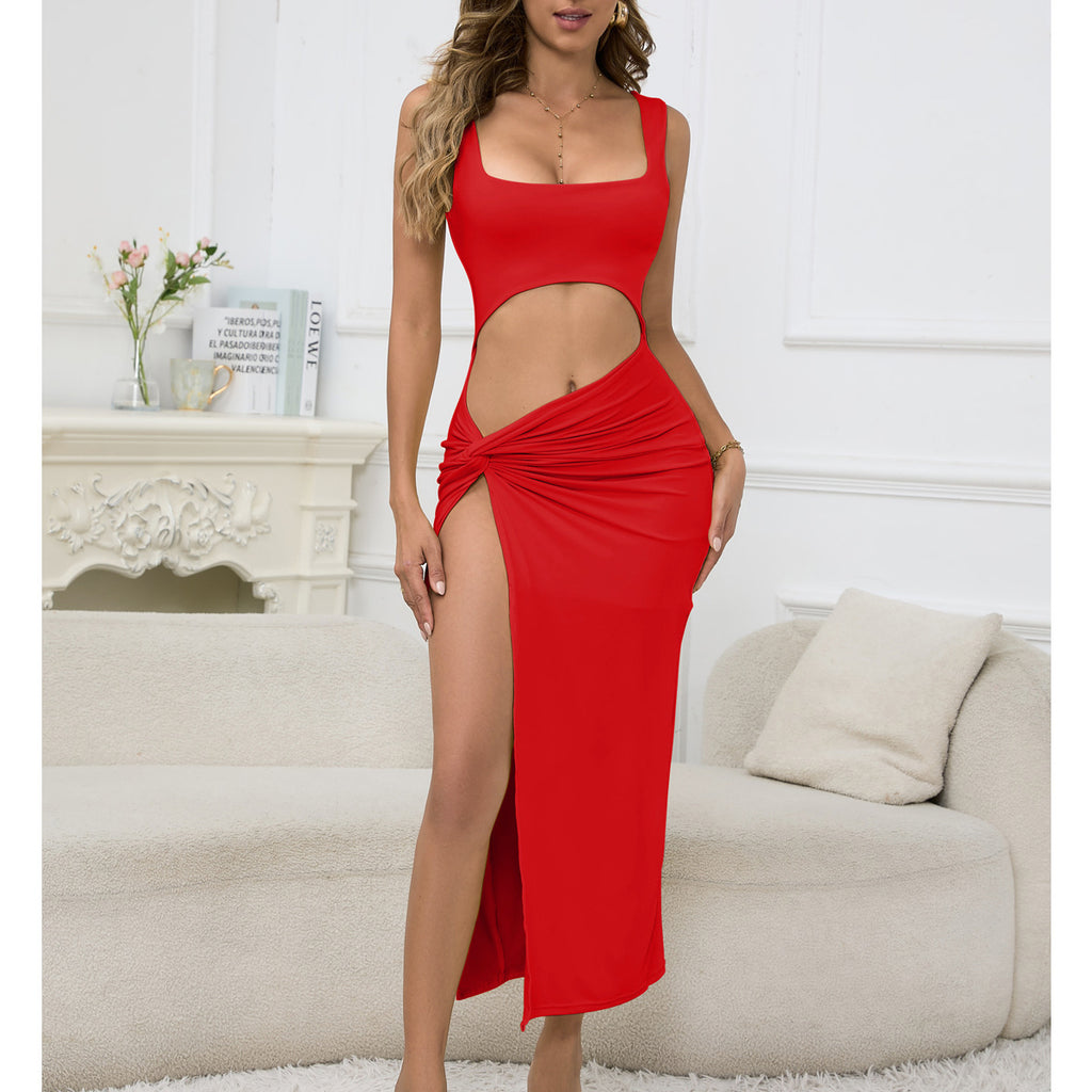 European and American Women's Long Dress New Arrival Strapless Solid Color Hollow Out Navel-baring Sexy Dress