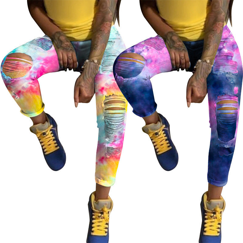 Autumn European and American style street trendsetters tie dye denim high waisted women's jeans