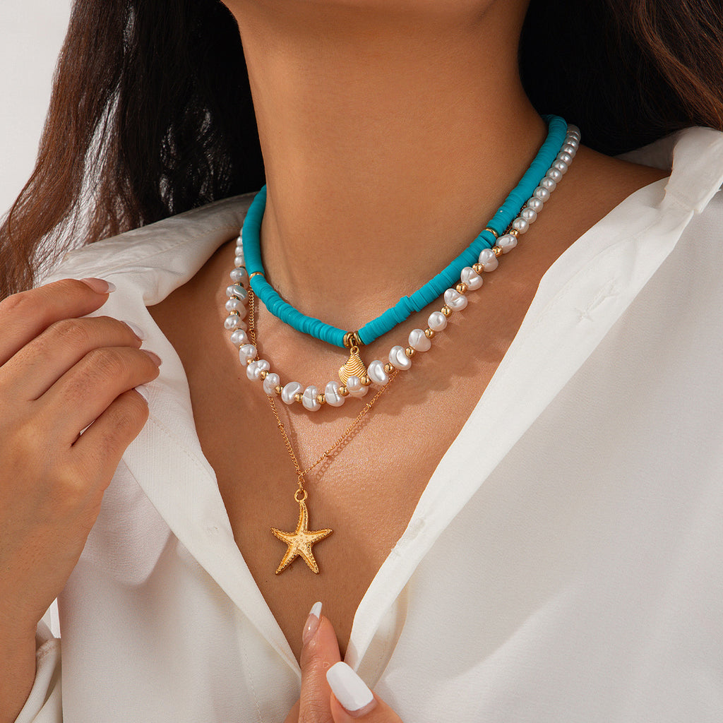 Beach style ocean shell bead necklace Baroque imitation pearl starfish collarbone chain