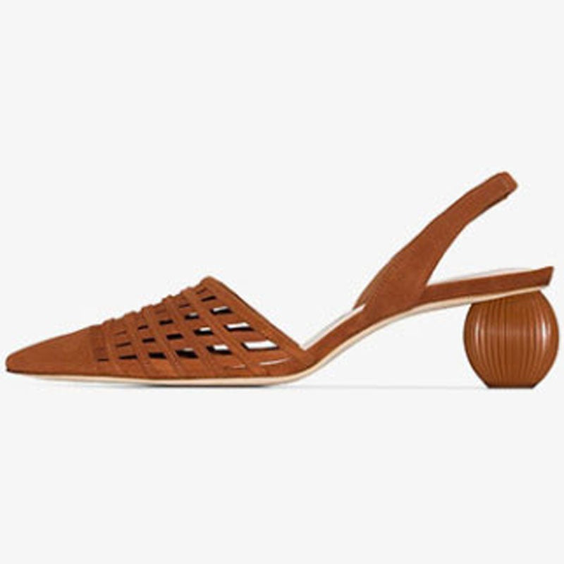 Pointed hollow cowhide sandals for women with a ball shaped heel and a button up sandal