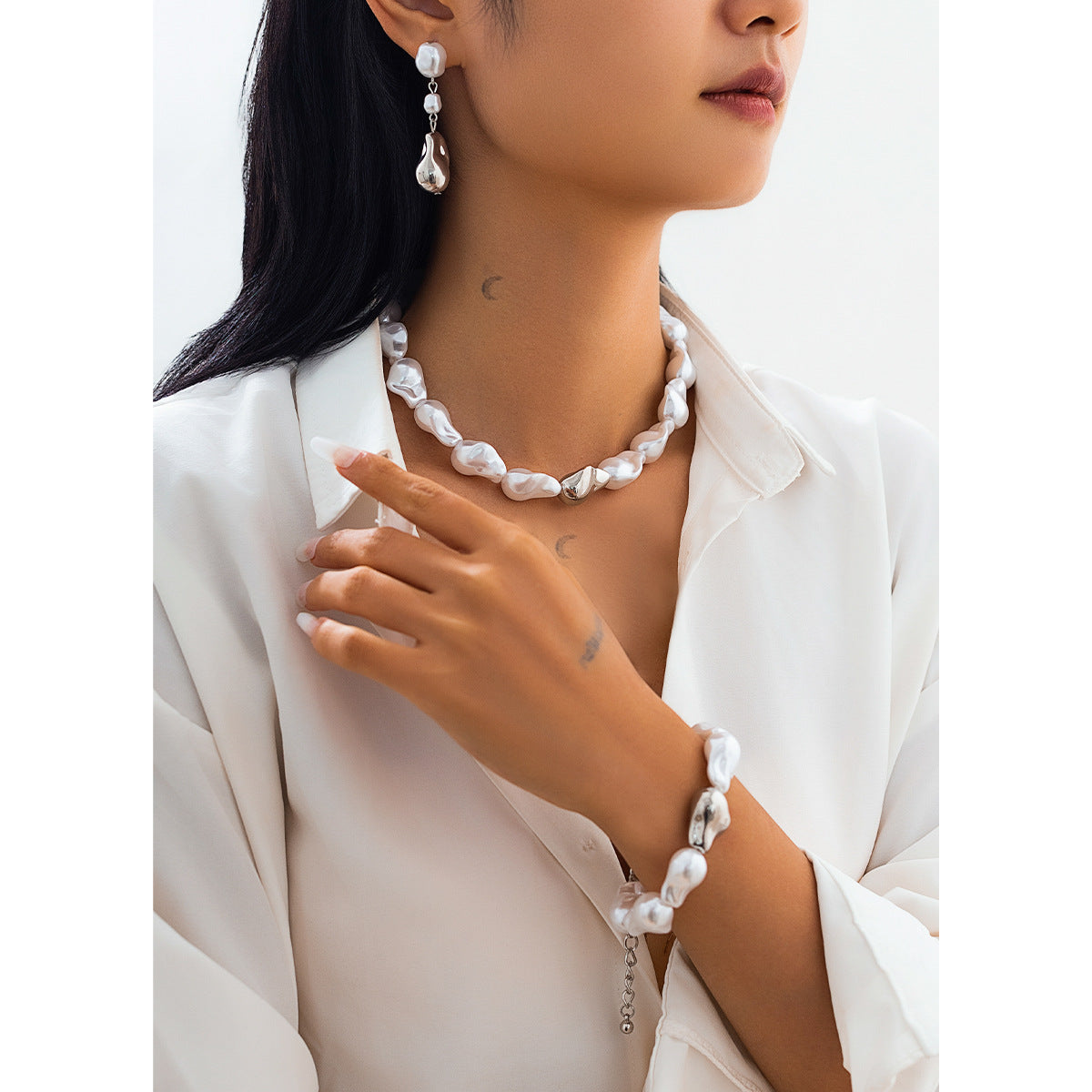 Französische Retro-Imitationsperlen-Barockkette, schlichter Perlenanhänger, Quasten-Schlüsselbeinkette