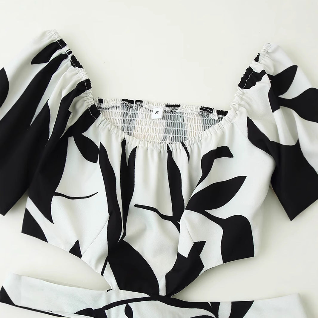Women's European and American style waist hollow lace up printed dress