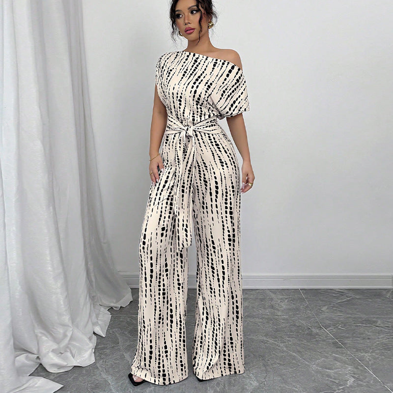 Vacation style sloping shoulder strap jumpsuit wide leg pants