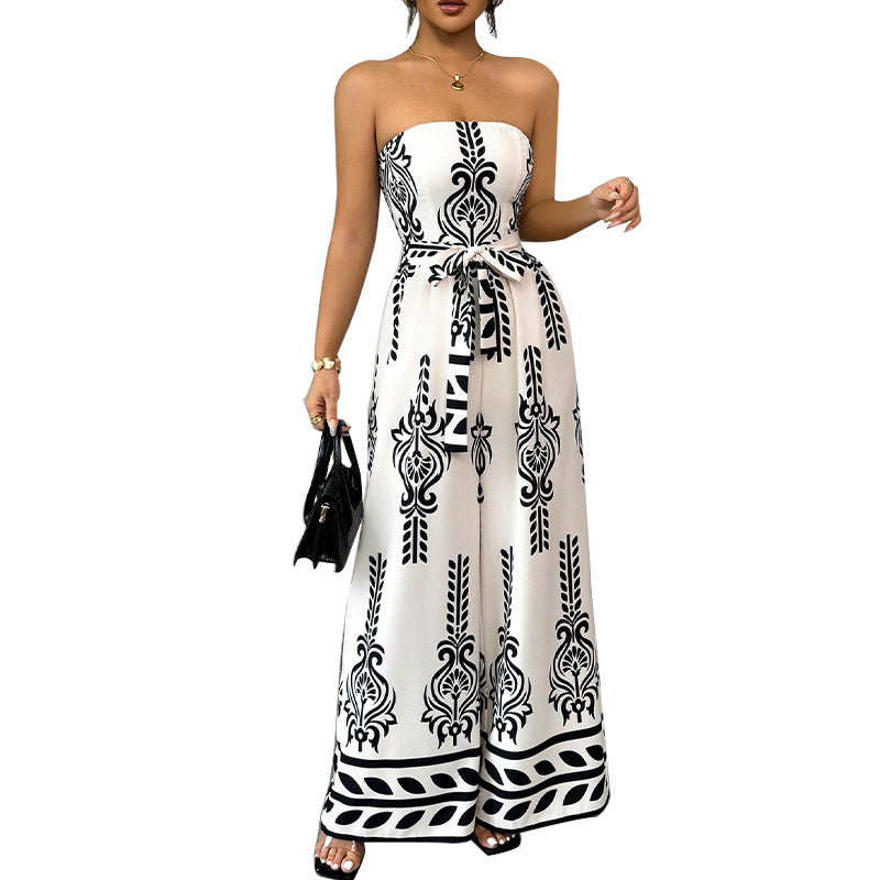 Printed jumpsuit wide leg slim fit lace up jumpsuit