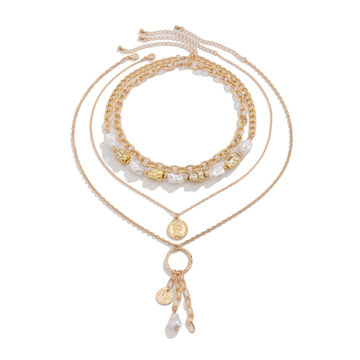 Exaggerated multi-layer alloy round necklace set, personalized irregular pearl collarbone chain for women