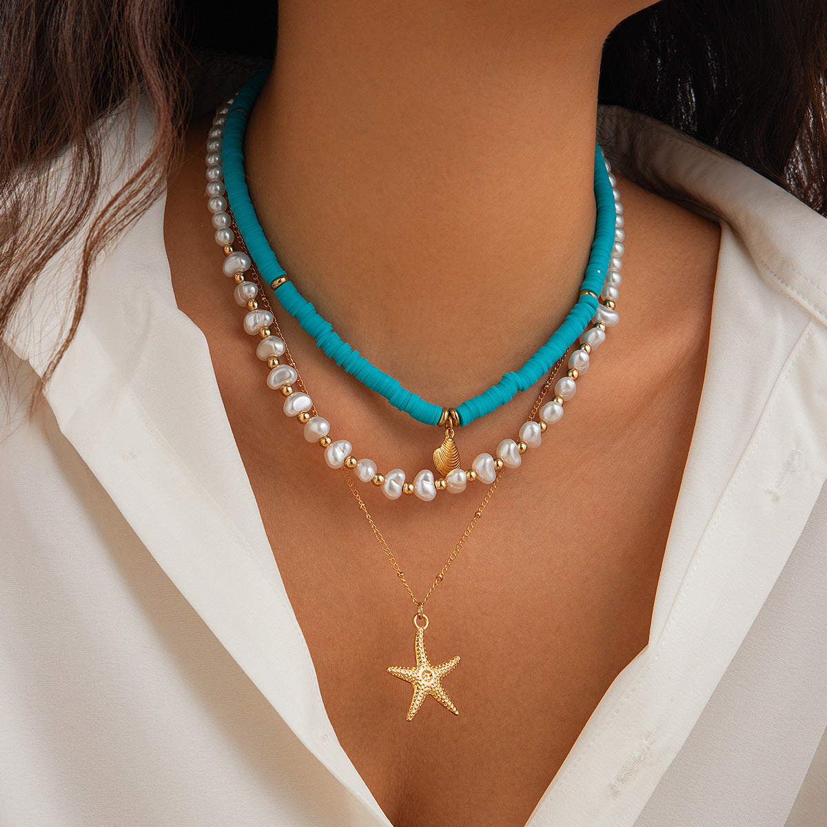 Beach style ocean shell bead necklace Baroque imitation pearl starfish collarbone chain