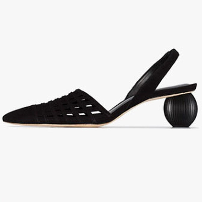 Pointed hollow cowhide sandals for women with a ball shaped heel and a button up sandal