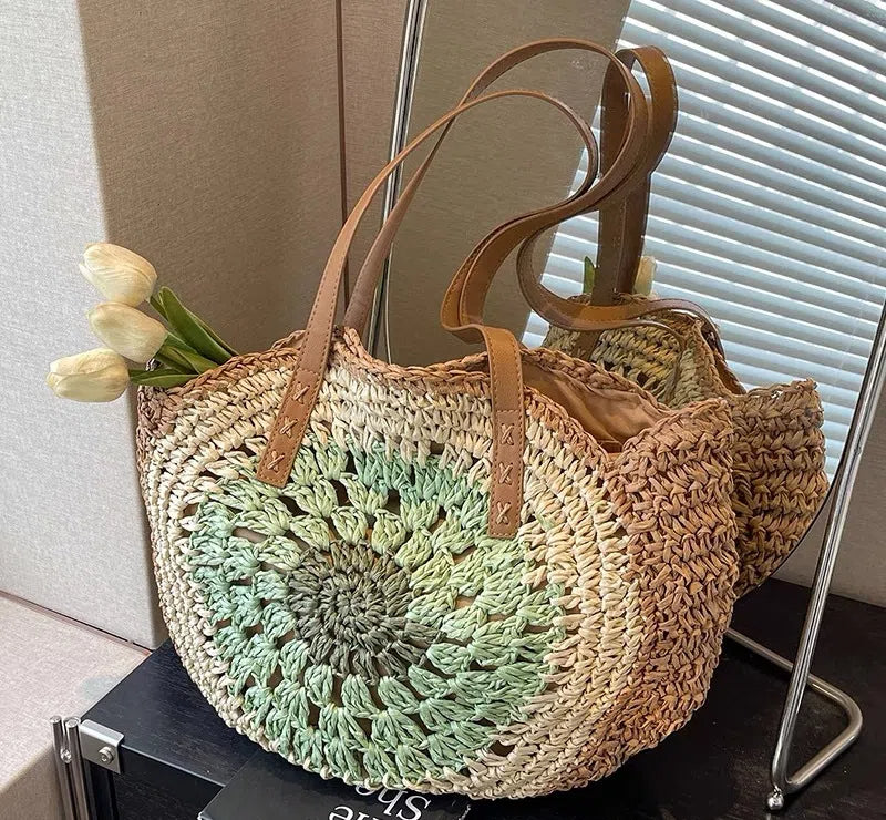 Papierseil aushöhlen bunte runde Platte Gras gewebte Tasche lässige Strandtasche eine Schulter modische gewebte Tasche 