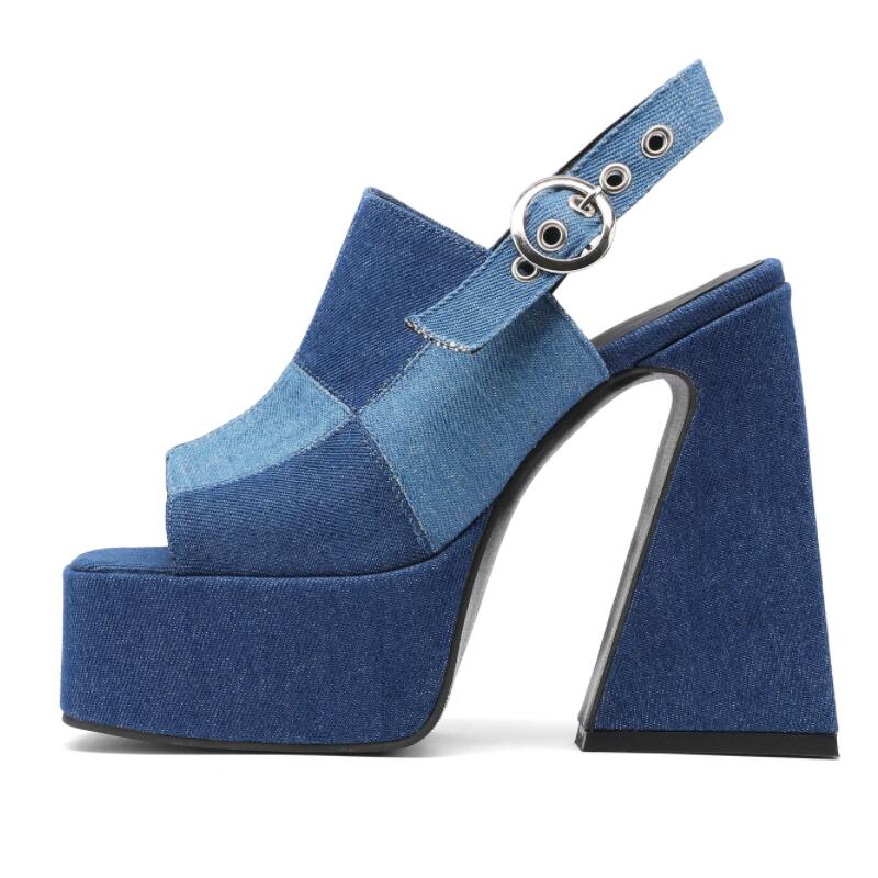 Big Size 34-48 Summer Sexy Splice Denim Thick High Heel Platform Sandal Fish Mouth Women's Shoes New Fashion Blue Pumps