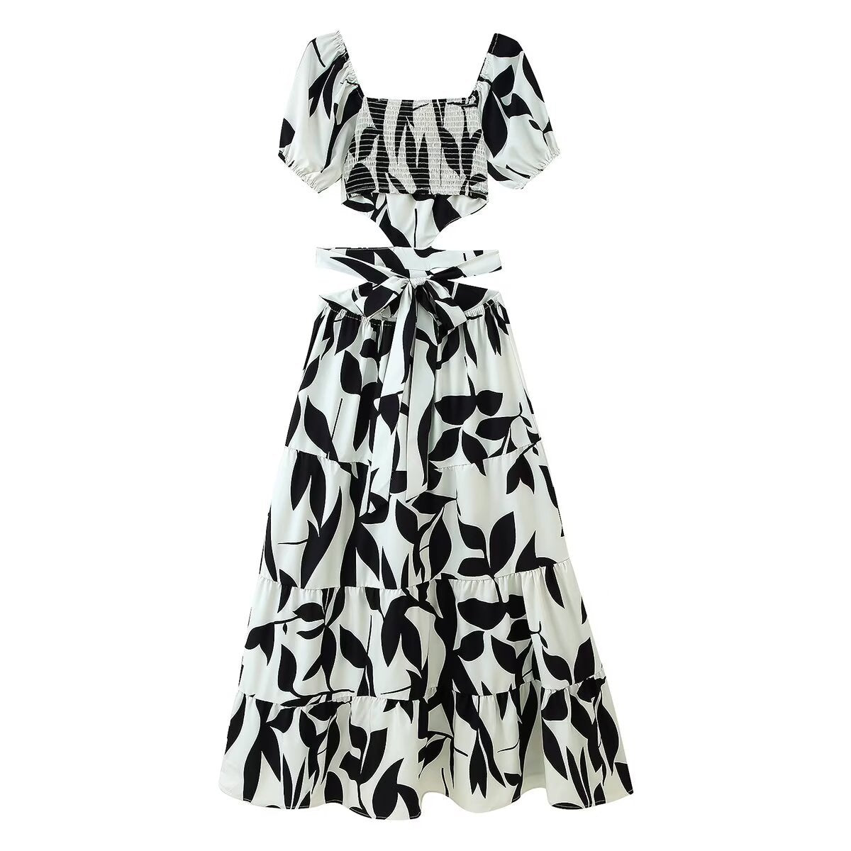 Women's European and American style waist hollow lace up printed dress
