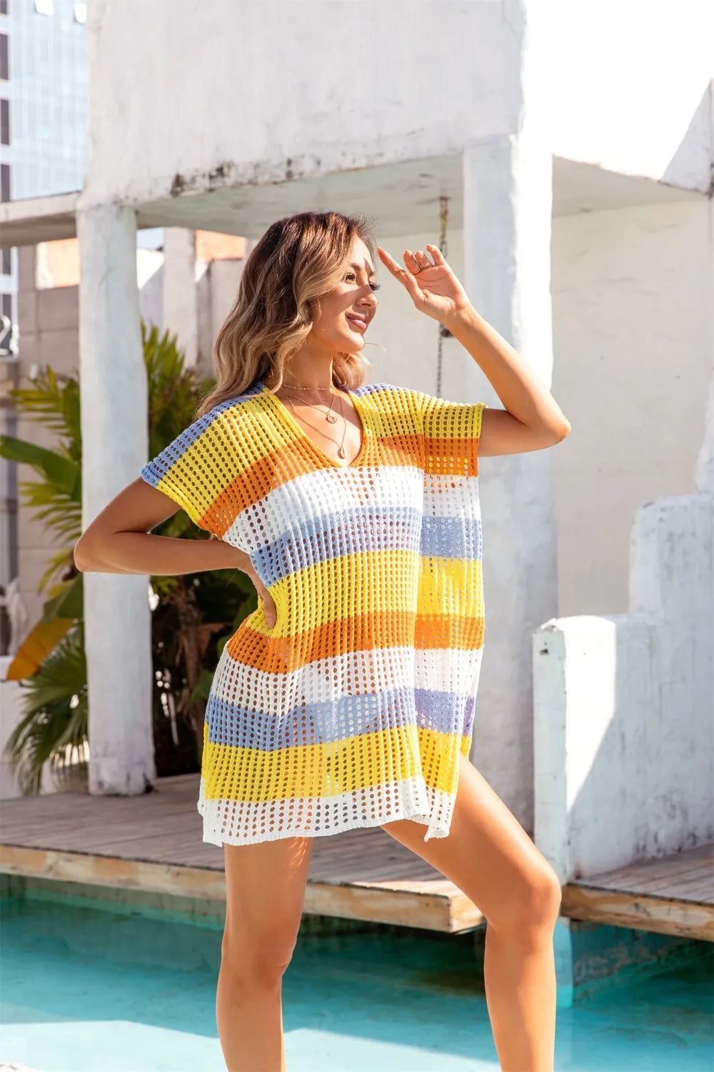 Women's beach shirt color blocked loose bikini cover vacation sun protection clothing
