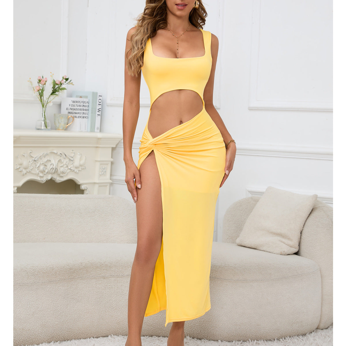 European and American Women's Long Dress New Arrival Strapless Solid Color Hollow Out Navel-baring Sexy Dress